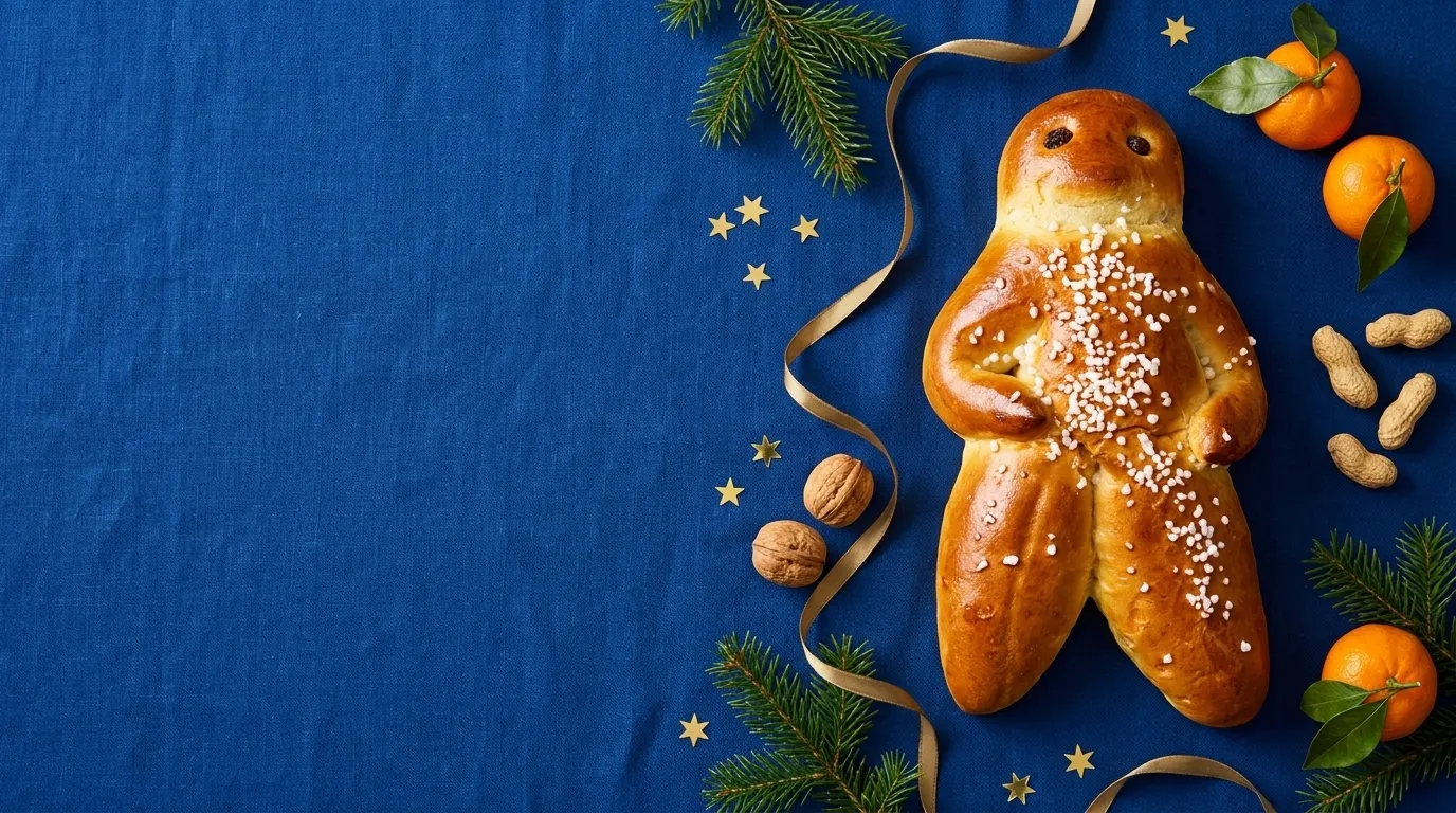 Grittibänz mit Hagelzucker auf blauem Leinen, daneben Mandarinen, Nüsse, Tannenzweige und ein goldenes Band